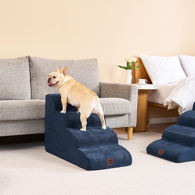 EHEYCIGA Curved Dog Stairs Ramp for High Beds 19.7" H, 4-Step Dog Steps for Small Dogs and Cats, Pet Stairs for High Bed Climbing, Non-Slip Balanced Pet Step Indoor, Navy