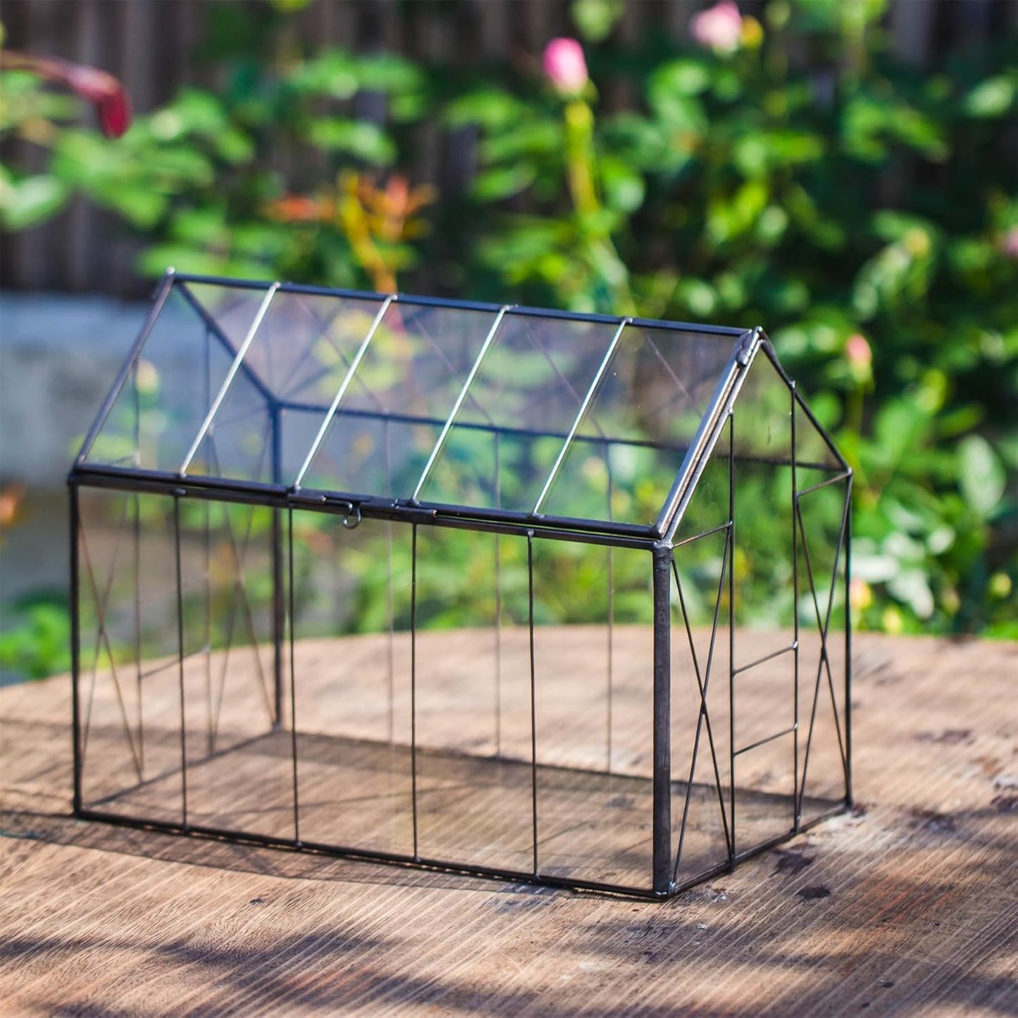 NCYP Geometric Glass Terrarium with Lid for Succulent, Small Cactus - Handmade Clear Closed House Shape Box - Home Indoor Tabletop Garden Decor, Black 9.4" x 5.5" x 7.3" (No Plants)