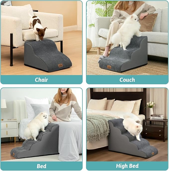 Dog Stairs for Small Dogs 15.7" H, Curved Dog Step for Puppy, Older Cat, Medium Pet Ramp for Sofa, Couch or Chair, Ladder with High Density Foam, 15.7x22.4x15.7 inch, 3 Step, Dark Grey