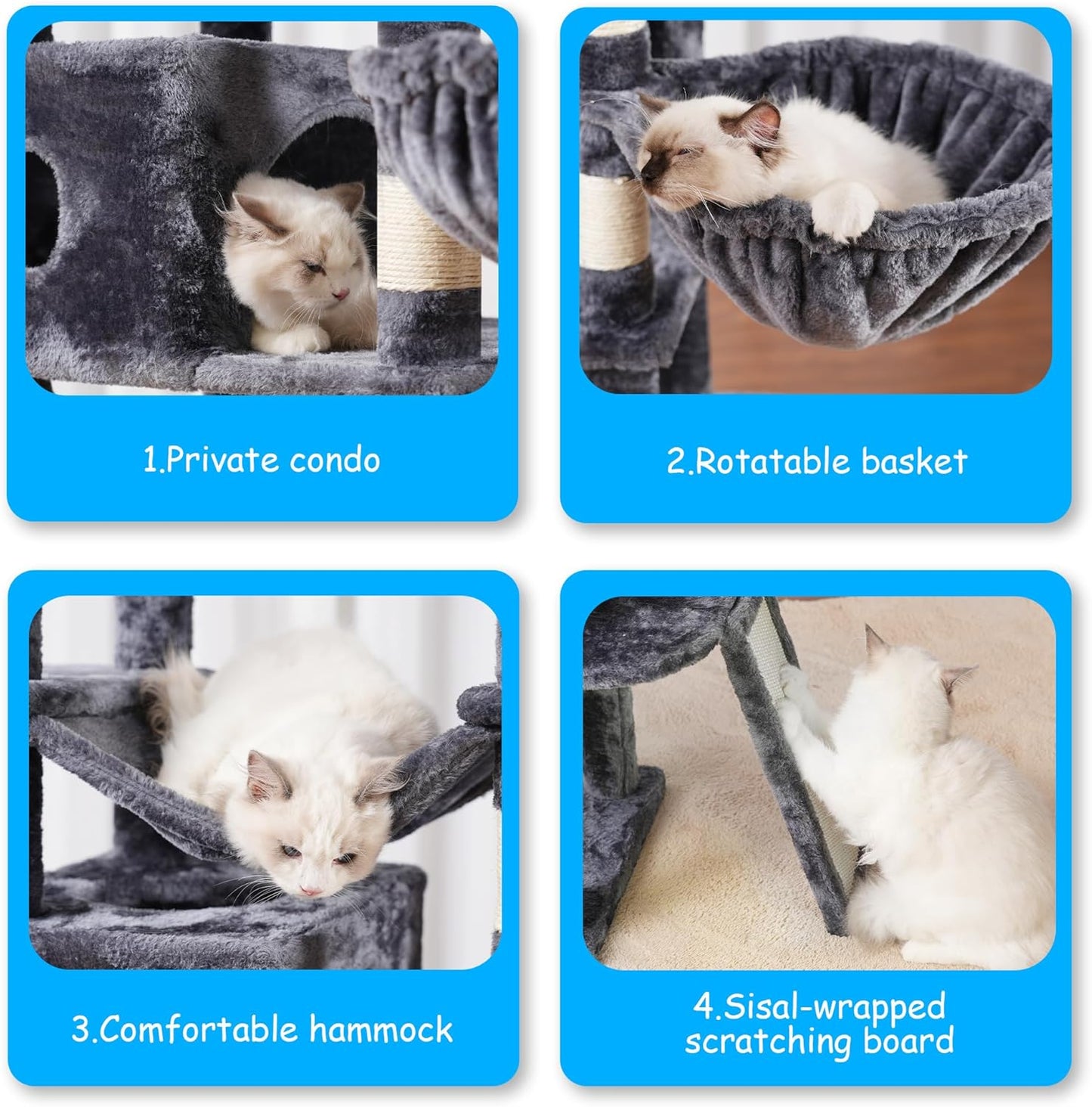 Hey-brother Cat Tree, 69.3-Inches Multi-Level Plush Cat Tower for Indoor Cats with Large Top Perch, Extra Spacious Hammock, 2 Hammocks Ramp, Hanging Ball, Smoky Gray MPJ037G