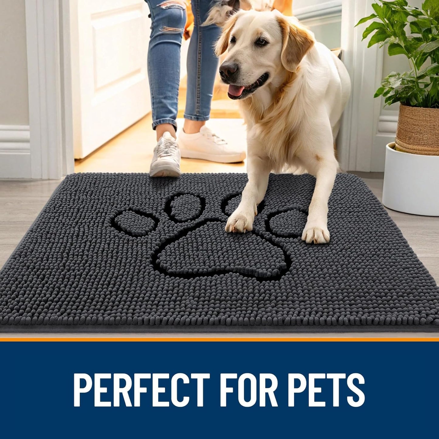 OLANLY Door Mat for Muddy Dog Paws 30x20, Absorbent Chenille Doormat with Paw Print Design, Non-Slip Washable Doormat for Indoor Entryway, Quick-Dry Pet Bed Mats for Dirty Dogs, Dark Grey and Black