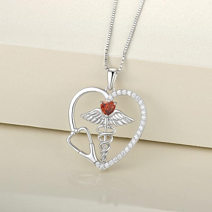 YL Caduceus Heart Necklace for Women Sterling Silver Doctor Nurse Themed Stethoscope Pendant Birthstone Angel Wings Snake Jewelry