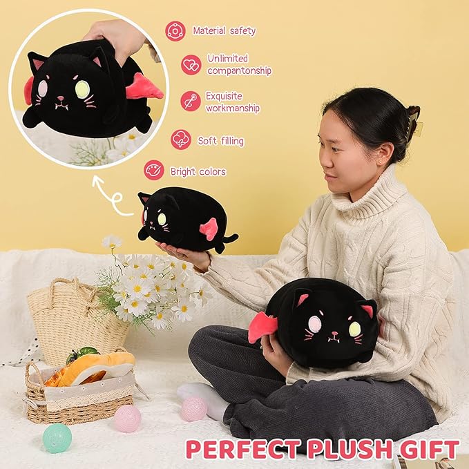 AIXINI Cute Black Cat Plush Pillow 8” Black Kitten Stuffed Animal with Luminous Eyes, Fat Soft Kawaii Plushies Hugging Plush Pillow Toy Gifts