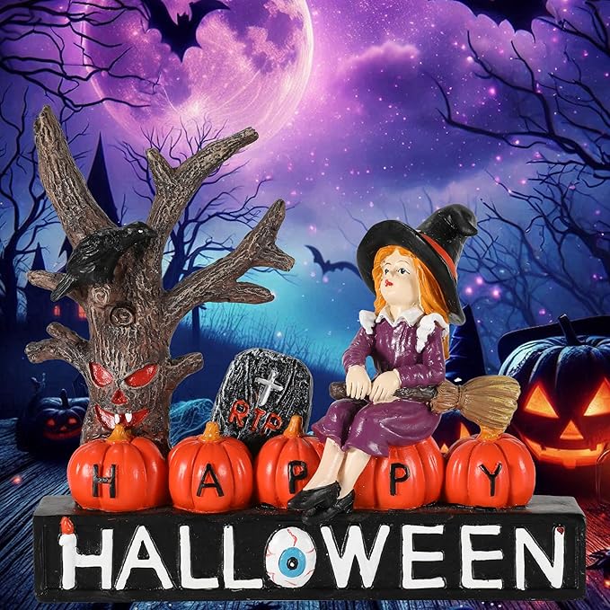 Halloween Decorations Indoor 7.8'' Resin Monsters - Witch Pumpkins Black Crow Spooky Tree R.I.P Graveyard Tombstones with Decorative Happy Halloween Sign Figurines (Witch)