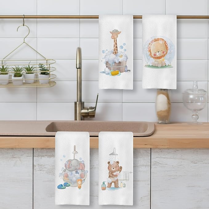 Kids Hand Towels Set of 4, Cute Baby Giraffe Elephant Bear Lion Decorative Hand Towels for Bathroom Decor, Toddler Kids Bathroom Decor, 16x24 Inch
