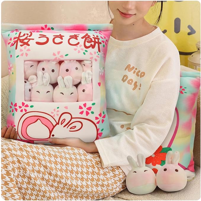 Cute Bunny Plush Pillow with Plushies, Stuffed Bunny Gift for Kids, Kawaii Rabbit Pudding Toy for Christmas (Colorful)