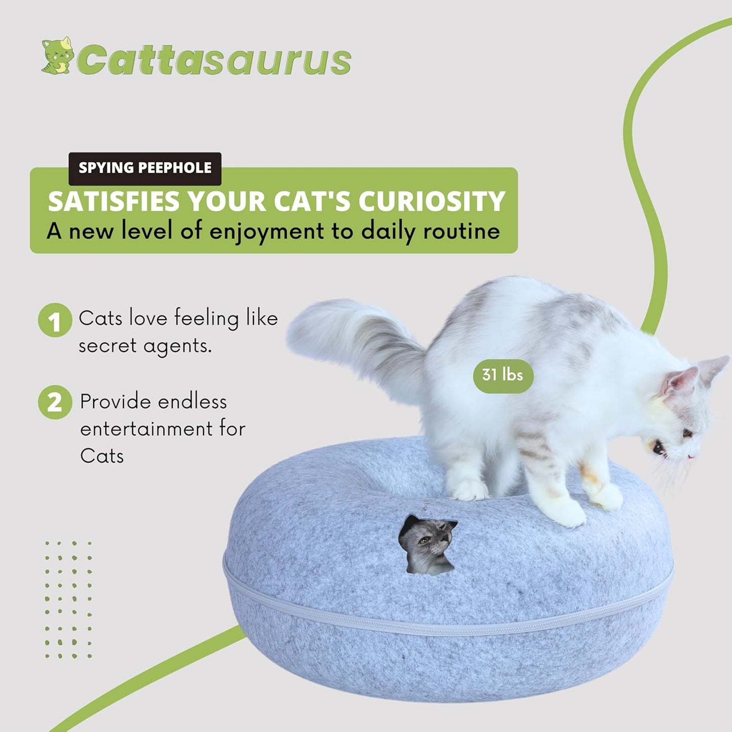 CATTASAURUS Peekaboo Cat Cave for Multiple & Large Cats Up to 30-45 Lbs, Scratch Detachable & Washable Tunnel Bed, Comfy Donut Cat Cave (Light Gray, Jumbo)