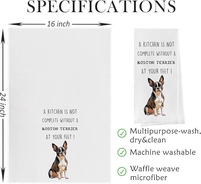 Boston Terrier Dish Towels Set - Decorative Waffle Weave Kitchen Hand Tea Towels, Funny Gift (1624 Inches, Set of 2)