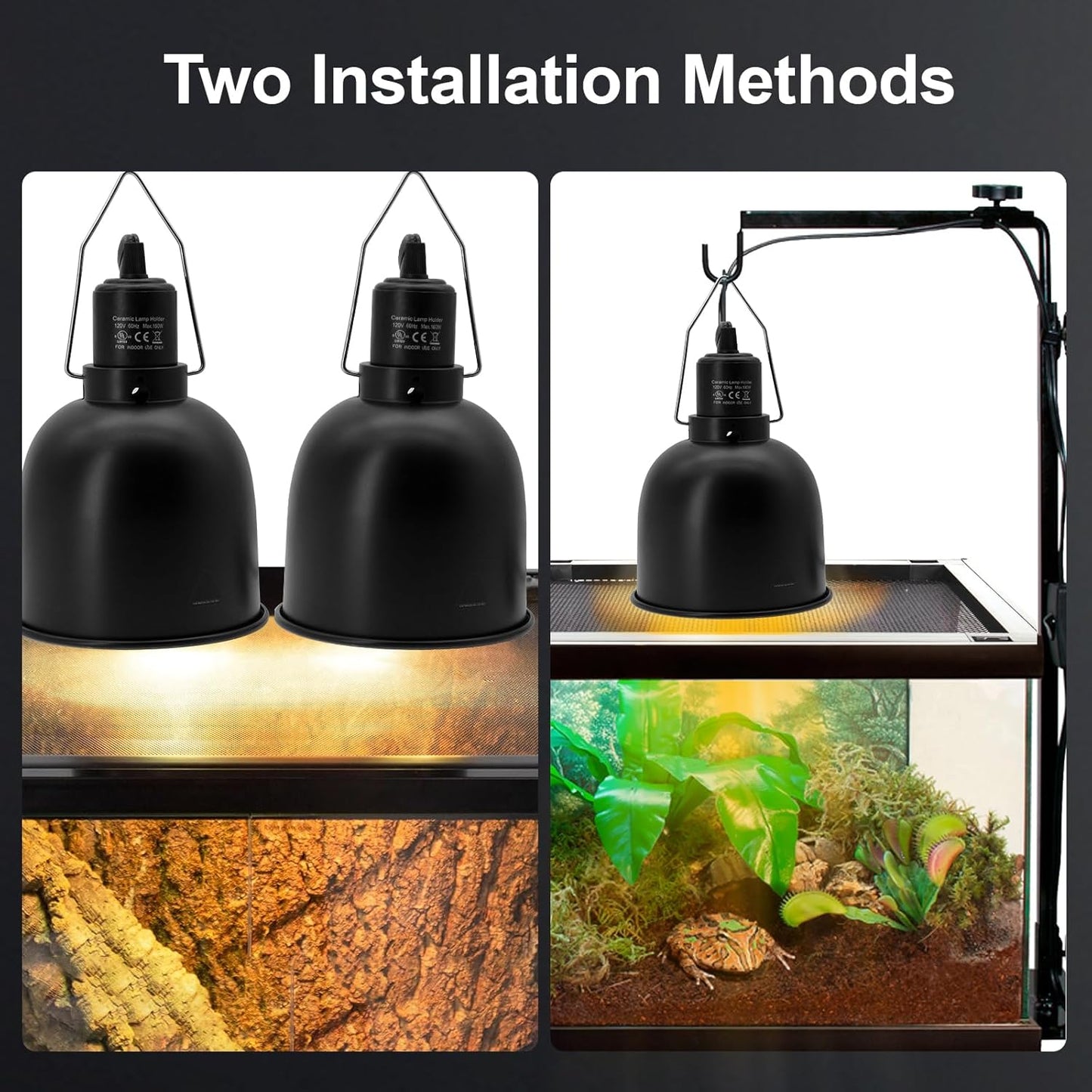 Reptile Light Fixture, 2 Packs 5.5 Inch Deep Dome Lampshade Dimmable, Reptile Heat Lamp Fixture with Separate Switches Fit for UVB Bulb Basking Heat Bulb for Reptile Glass Terrariums