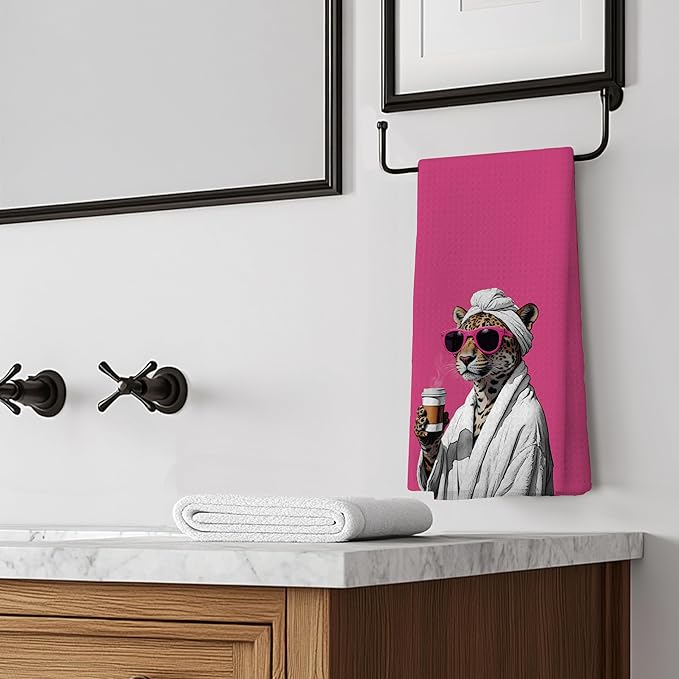Trendy Sunglasses Leopard Hand Towels for Bathroom Decor, Leopard Drinking Coffee Kitchen Towels, Hot Pink Maximalist Cheetah Dish Tea Towels for Kitchen Decor, 16x24 Inches
