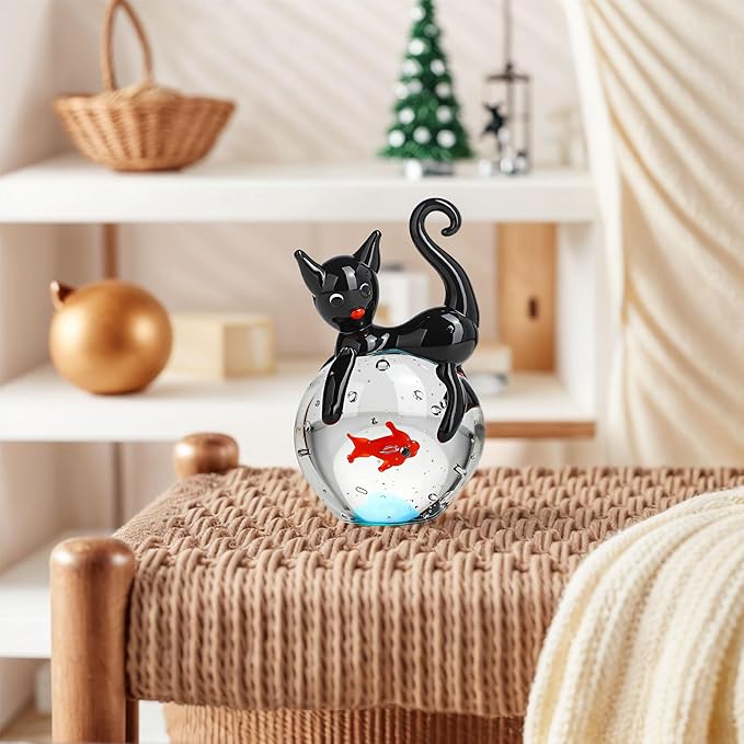 QFkris Blown Glass Black Cat Figurine, Mini Glass Animals Sculpture, Cat and Fish Art Collectible Figurines for Home Decor, Gift for Mom Cat-Lover Birthday Christmas