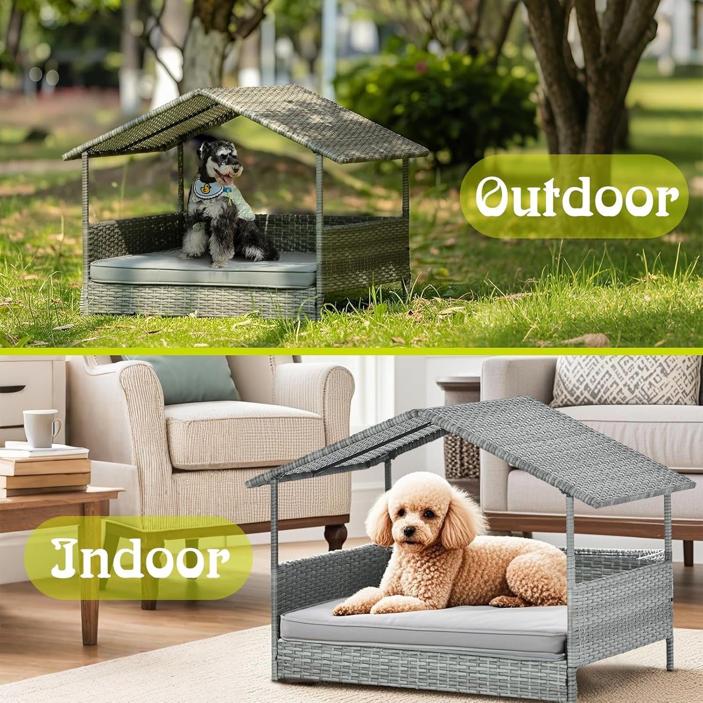 Wicker Dog House Outdoor Indoor with Canopy, Elevated Dog Shelter & Dog Bed with Light Gray Cushion, Water-Resistant Raised Pet House for Small Medium Dogs, Rattan Dog Cot for Deck, Patio, Yard, Pool