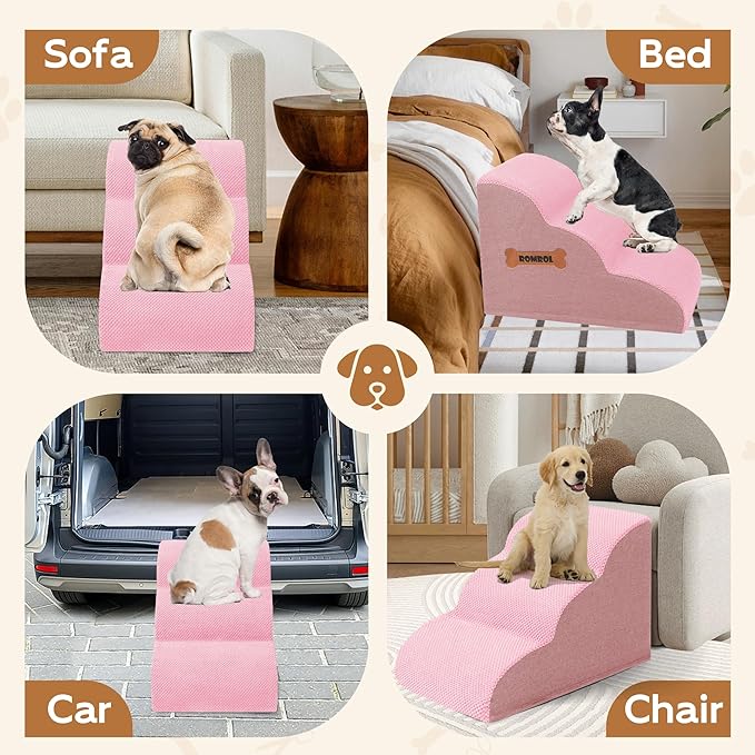 Romrol Dog Stairs Ramp for High Beds Couches, High Density Foam Pet Steps with Durable Non-Slip Waterproof Fabric Cover, Dog Stairs for Small Dogs or Cats or Pets, 3-Step,15 Inch,Pink