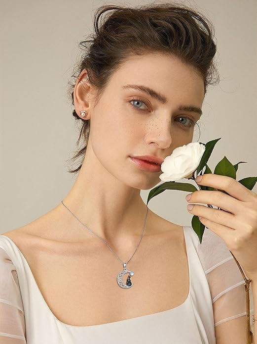 Black Cat/Dragon/Fox/Wolf Necklace 925 Sterling Silver Celtic Moon Pentagram Pendant Gothic Jewelry Goth Halloween Gifts for Women