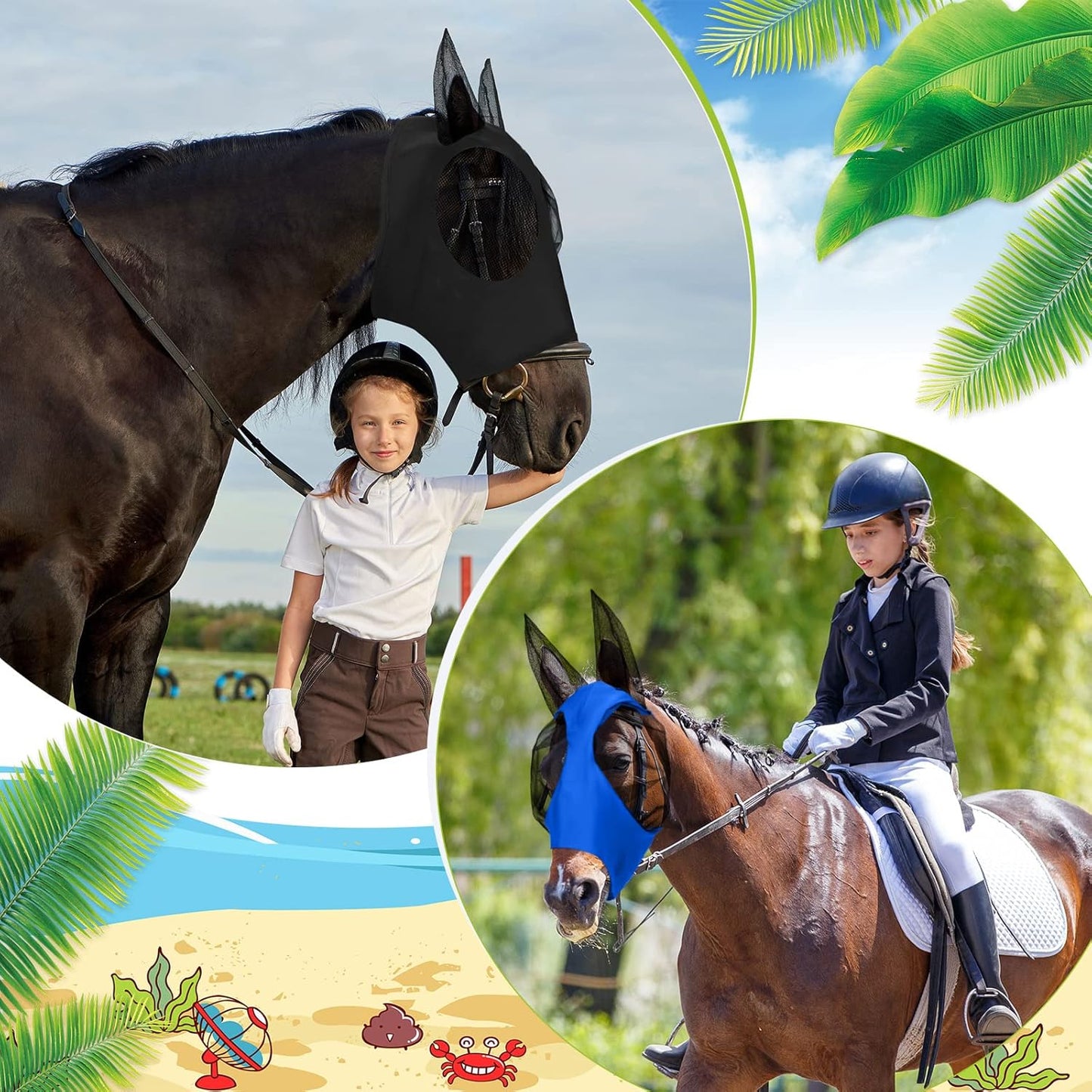 Sadnyy 6 Pcs Horse Fly Masks with Ears Comfort Breathable Mesh Fly Masks Net UV Protection Large Eye Space Full Face Covering Elasticity Soft for Horses(Large)