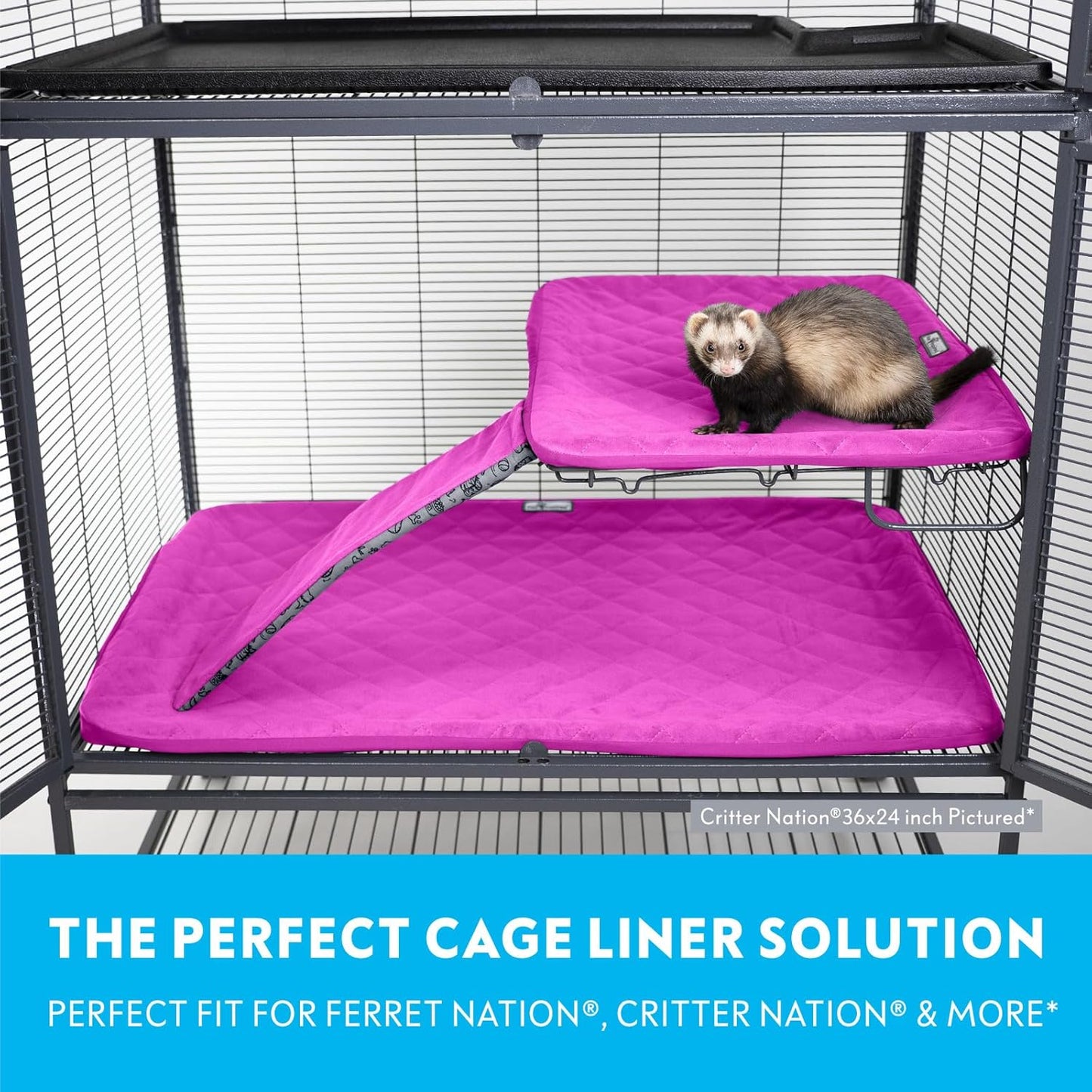 Paw Inspired Fitted Fleece Cage Liner Set for Ferret Nation, Critter Nation Single Unit (Bottom Pan Liner, Ramp Cover, Shelf Liner) for Ferrets, Rats, Chinchillas, Hedgehogs, Small Animals (Pink)