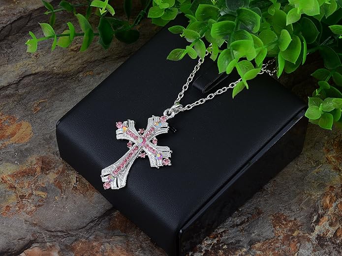 Alilang Silvery Tone Religious Cross Pendant Necklace w/Aquamarine Blue Or Clear Crystal Rhinestones