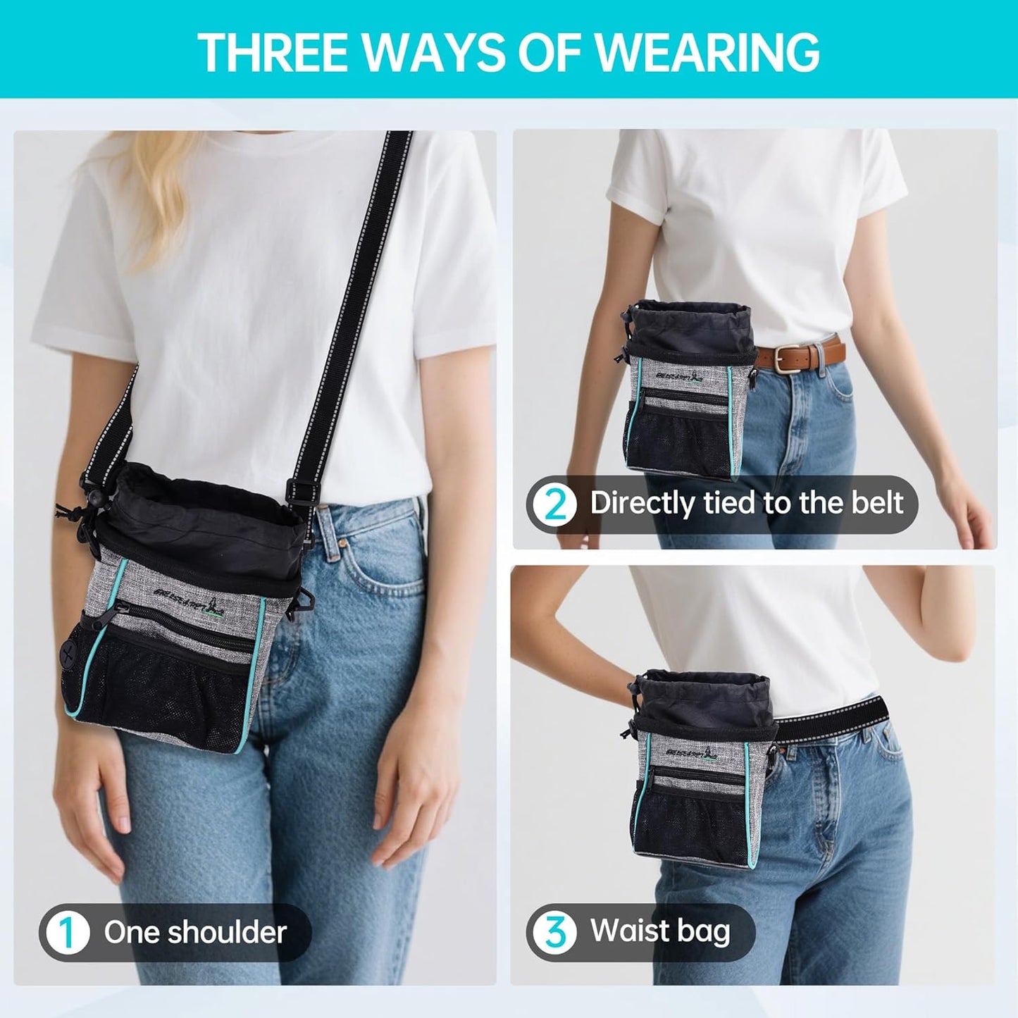 Dog Treat Pouches Training Walking Bag with Shoulder Strap, Large Space for Pets Food, Polyester Fabric, 3-Way Wearing Design, Portable Pet Bagand Easy to Clean, Black with Grey