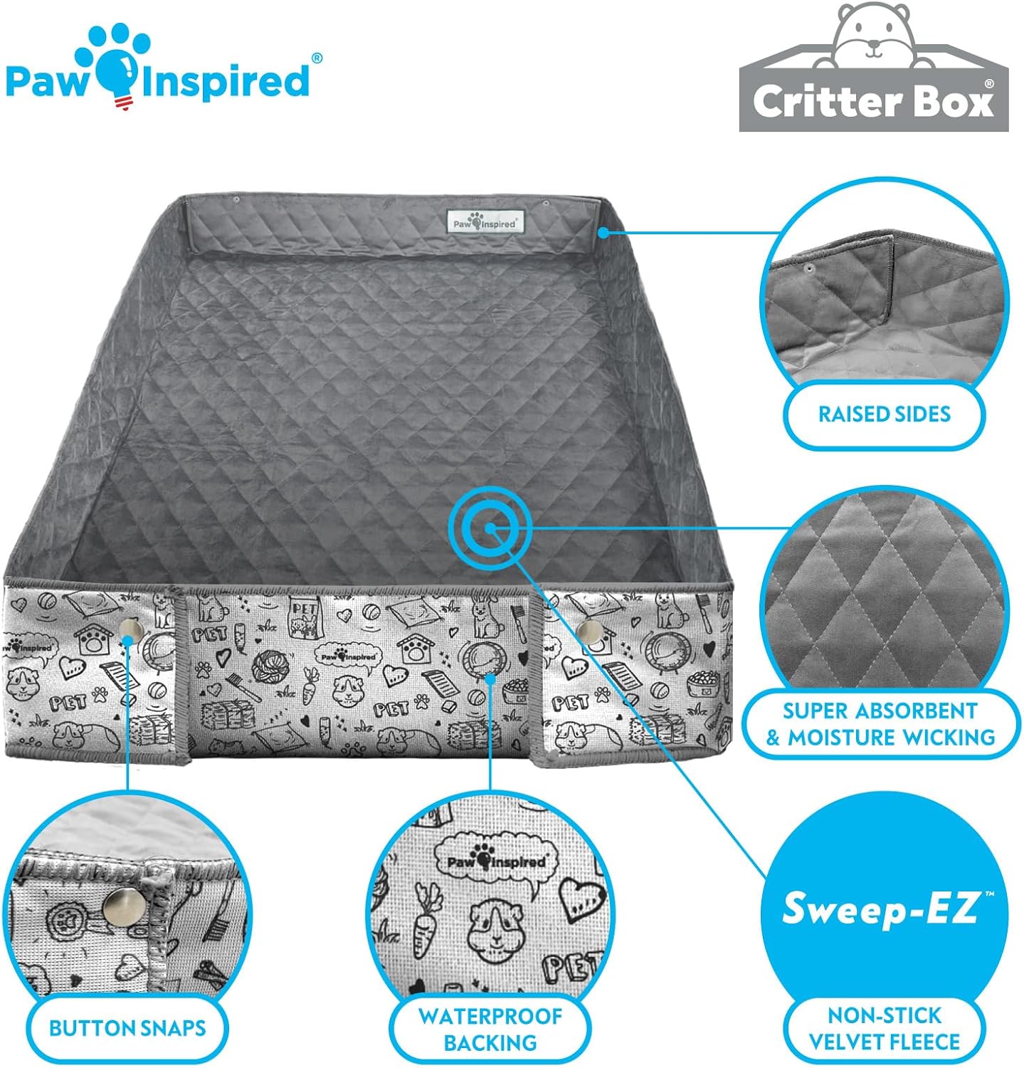 Paw Inspired Critter Box | Washable Guinea Pig Cage Liners with Raised Sides | Fleece Bedding for Guinea Pigs Rabbits, Hamsters, Small Animals | Edge Protected Pee Pads (C&C 2x1 (14" Grids))