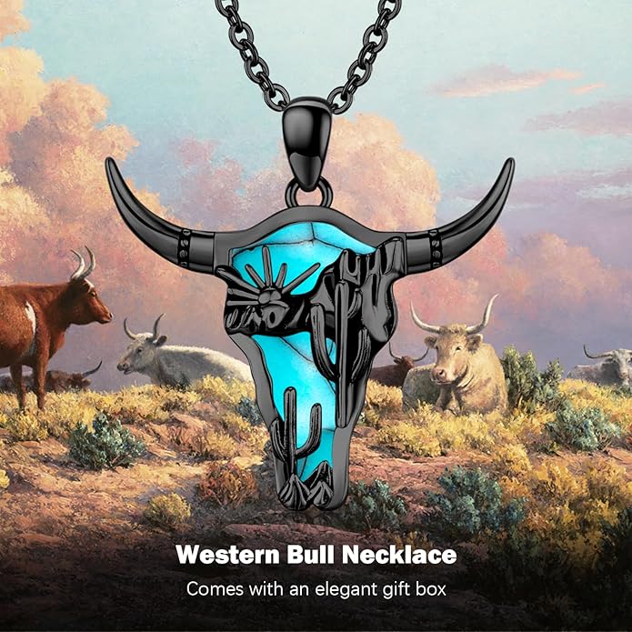 Midir&Etain Western Necklace 925 Sterling Silver Turquoise Pendant Cow Skull/Hat/Tag/Cactus Cowgirl Country Jewelry for Women Men