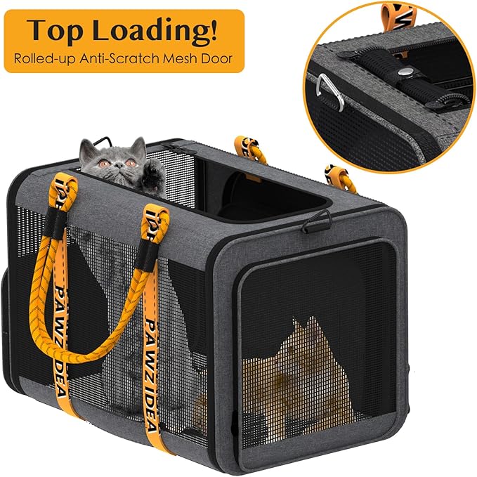PAWZIDEA Expandable Large Pet Carrier, 24"X16"X16" Top Load Cat Carrier Bag for 2 Cats, Collapsible Dog Travel Crate for Small Medium Dog up 55lbs, Soft-Sided Car Seat Cage, XL Storage Pocket, ID Tag