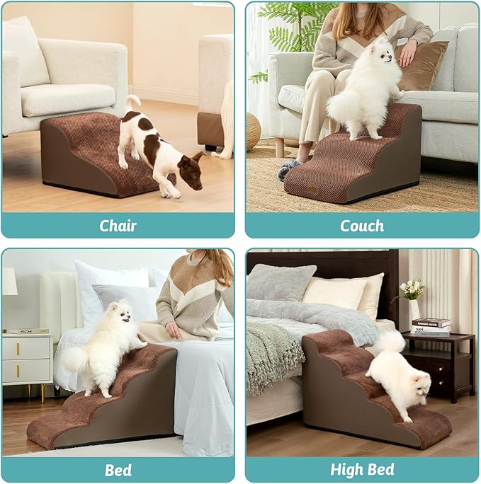 Dog Stairs for Small Dogs 15.7" H, Curved Dog Step for Puppy, Older Cat, Medium Pet Ramp for Sofa, Couch or Chair, Ladder with High Density Foam, 15.7x22.4x15.7 inch, 3 Step, Brown