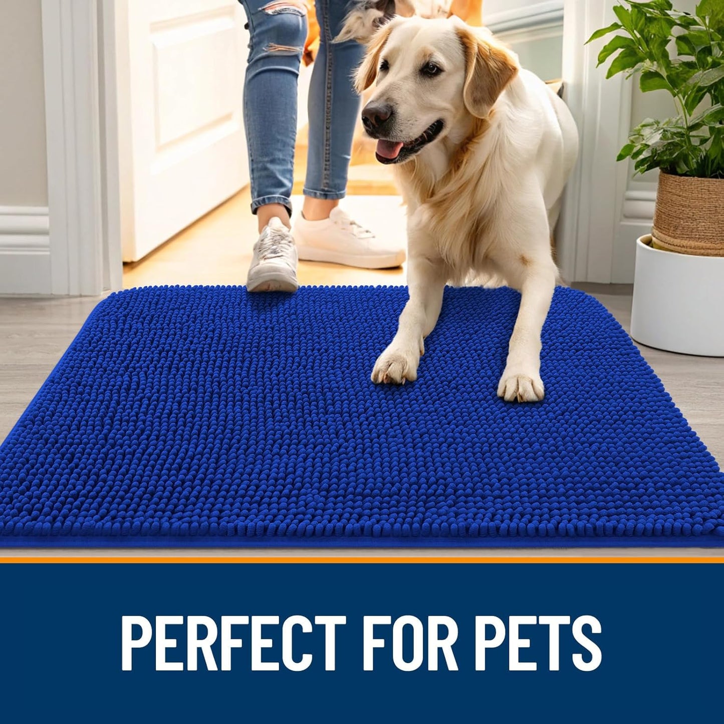 OLANLY Dog Door Mat for Muddy Paws 59x32, Absorbs Moisture and Dirt, Absorbent Non-Slip Washable Doormat, Quick Dry Chenille Mud Mat for Dogs, Entry Indoor Entryway Carpet for Inside Floor, Royal Blue