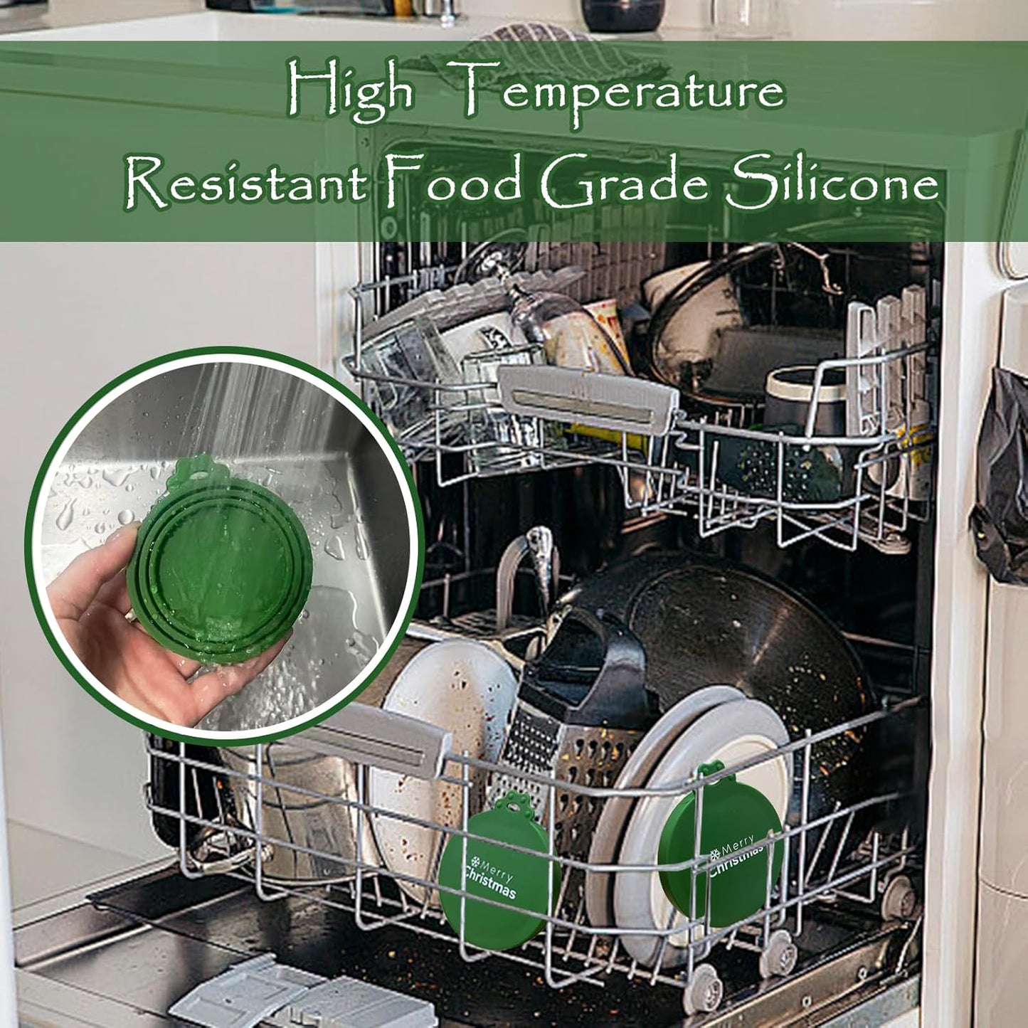 Christmas Pet Set - 3 Cat Food Can Lids & 1 BPA-Free Can Opener | Cute Paw Shape Opener Spatula Spoon for Wet Food | Silicone Spoon & Covers for Dog Cat - Christmas Green