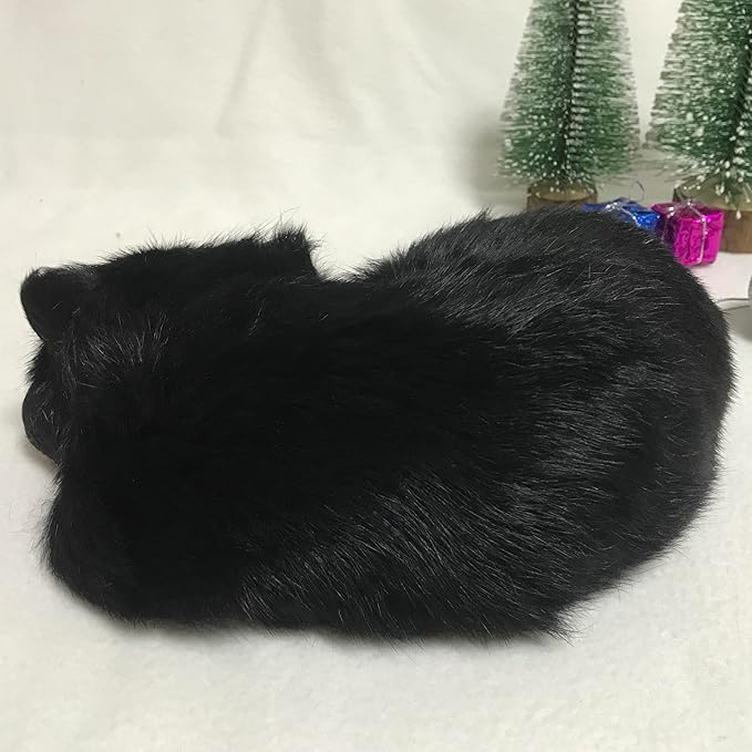 Realistic Furry Sleeping Cat Figurine Simulation Kitty Lifelike Kitten Home Office Shelf Decorative Statue, Synthetic Fur Pet Replica (Black)