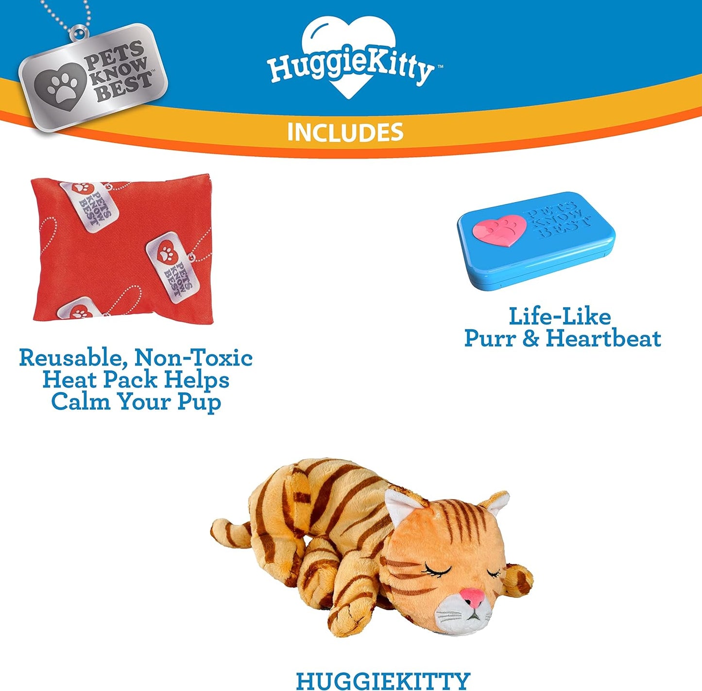 Pets Know Best HuggieKitty | Comfort Purring Companion with Heartbeat Sleep Aide for Cats & Kittens, Heating for Calming Relief, Carrier & Behavioral Training Essential, Breeds, Orange