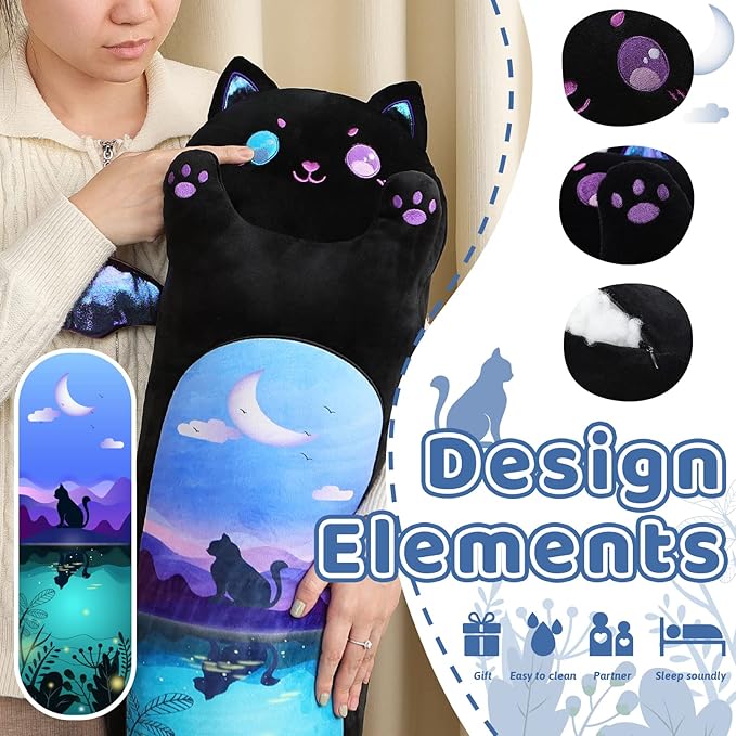 AIXINI Long Cat Plush Pillow Cartoon Cute Black Cat Stuffed Animals, Soft Kawaii Kitten Plushies Pillow Toy for Kids (Moonlight Black,19.7inch)