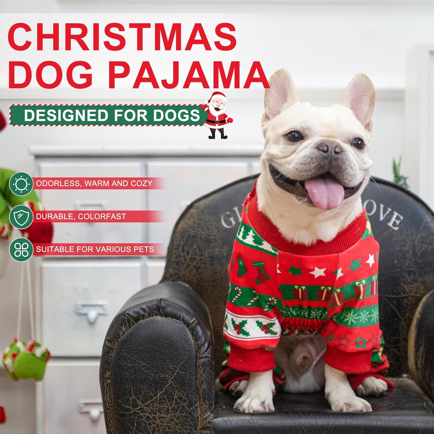 BEA Christmas Dog Pajamas for Large Dogs, Soft Fleece Pet Sweater Clothes Warm Puppy Onesie Outfits for Doggie Winter Christmas - Collar Adjustable Dog Pjs Jammies, Red L