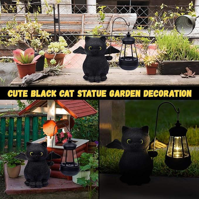Solar Garden Statue Cat Figurine, Angel Black Cat Statues Garden Decor with LED Light Outdoor Statue for Patio Balcony Lawn Ornament, Housewarming Garden Gifts for Mom Dad Grandma