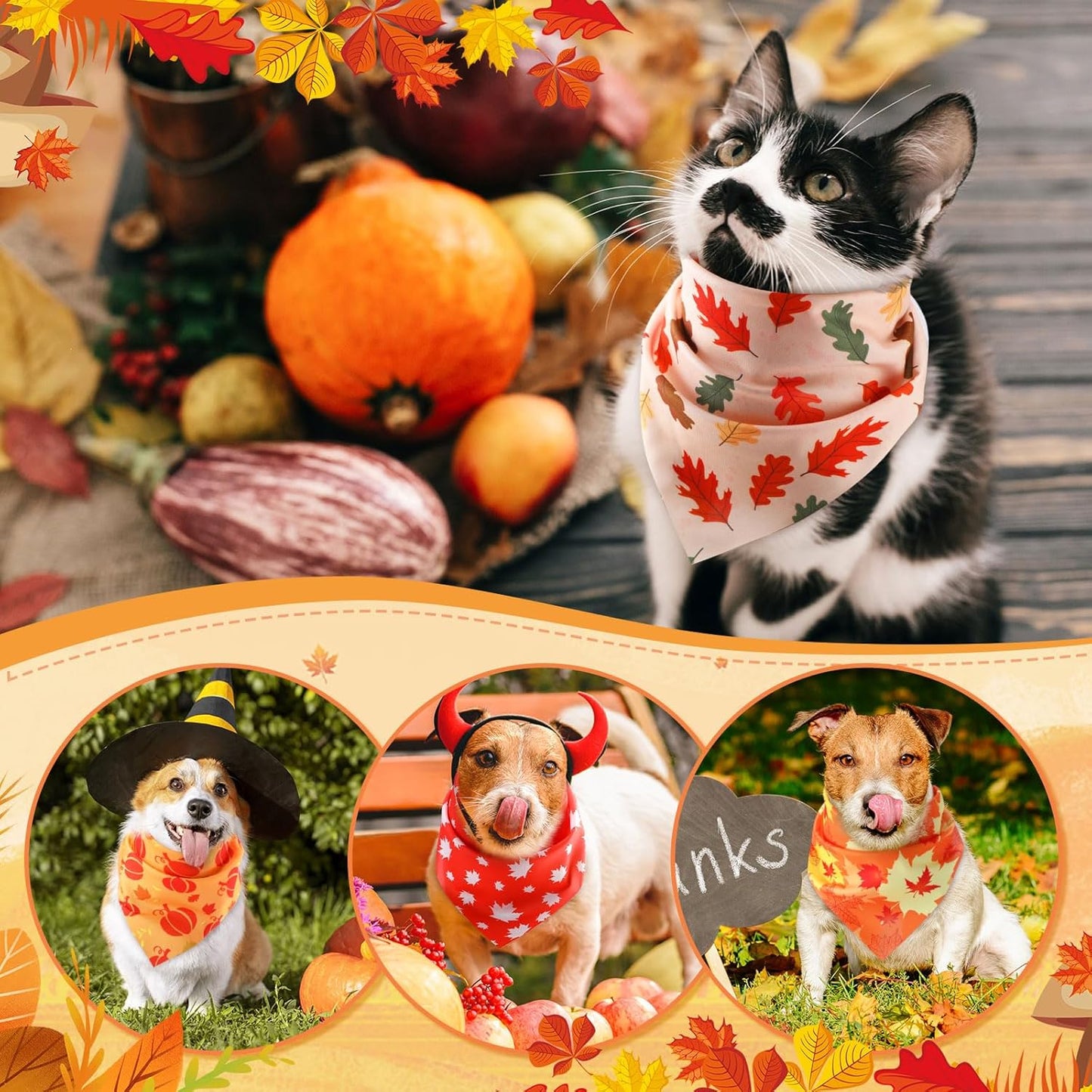 Weewooday 50 Pcs Fall Dog Bandanas Bulk Pumpkin Maple Leaves Thanksgiving Autumn Bandanas for Bibs Adjustable Scarf for Small Medium Large Pet Cat Costume(Leaves Pattern, 19.7 x 13.8 x 13.8 Inch)