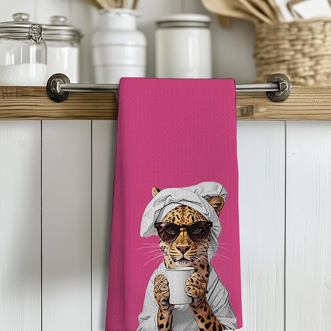 Trendy Sunglasses Leopard Hand Towels for Bathroom Decor, Hot Pink Maximalist Cheetah Dish Tea Towels for Kitchen Decor, Leopard Drinking Coffee Kitchen Towels,16x24 Inches