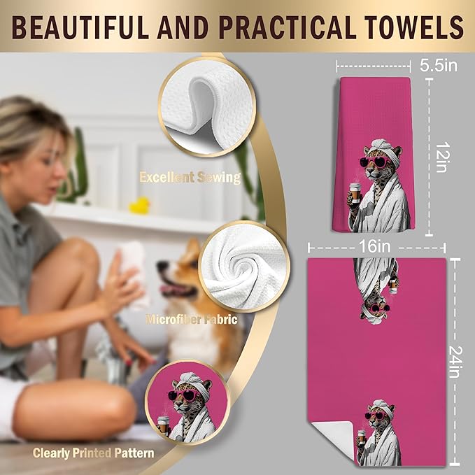 Trendy Sunglasses Leopard Hand Towels for Bathroom Decor, Leopard Drinking Coffee Kitchen Towels, Hot Pink Maximalist Cheetah Dish Tea Towels for Kitchen Decor, 16x24 Inches