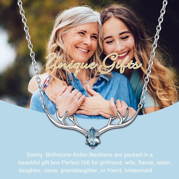 SILVERCUTE Sterling Silver Birthstone Necklaces for Women, Xmas Antler Deer Pendant Necklace with Colorful Cubic Zirconia,16-18 inches