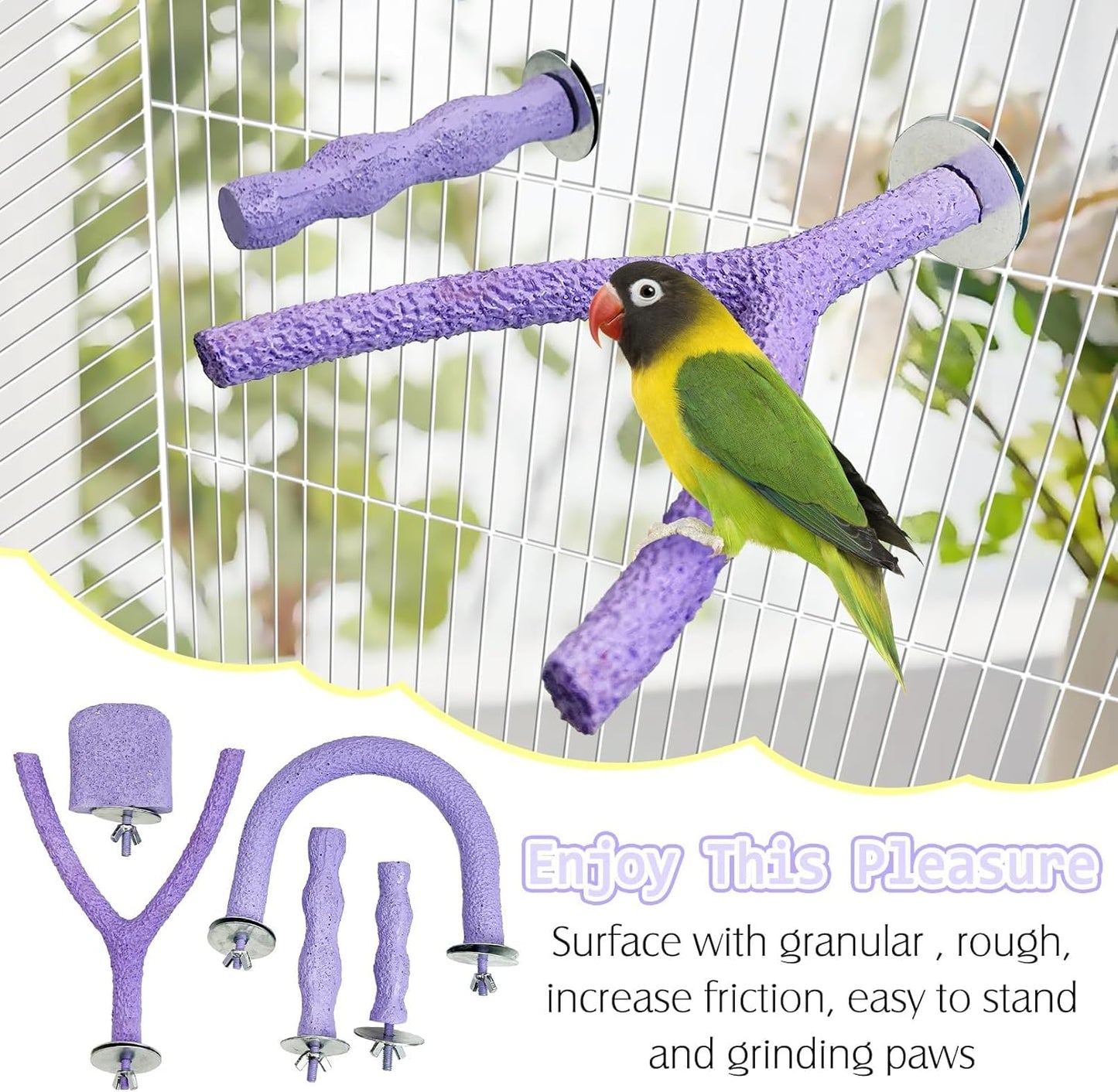 PINVNBY 5 Pack Bird Perch Resin Bird Beak Grinding Stone Parrot Cage Perch Stand Platform Foot Claws Trimmer Chew Toy Bird Cage Accessories for Budgie Cockatiel Conure Lovebird Finch (Purple)