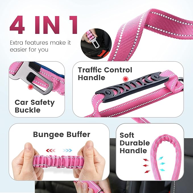 IOKHEIRA 6Ft /4Ft Dog Leash Rope for Large Dogs, Heavy Duty with Comfortable Padded Handle and Highly Reflective Threads,4-in-1 Multifunctional Dog Leashes with Car Seat Belt for Training (Pink)
