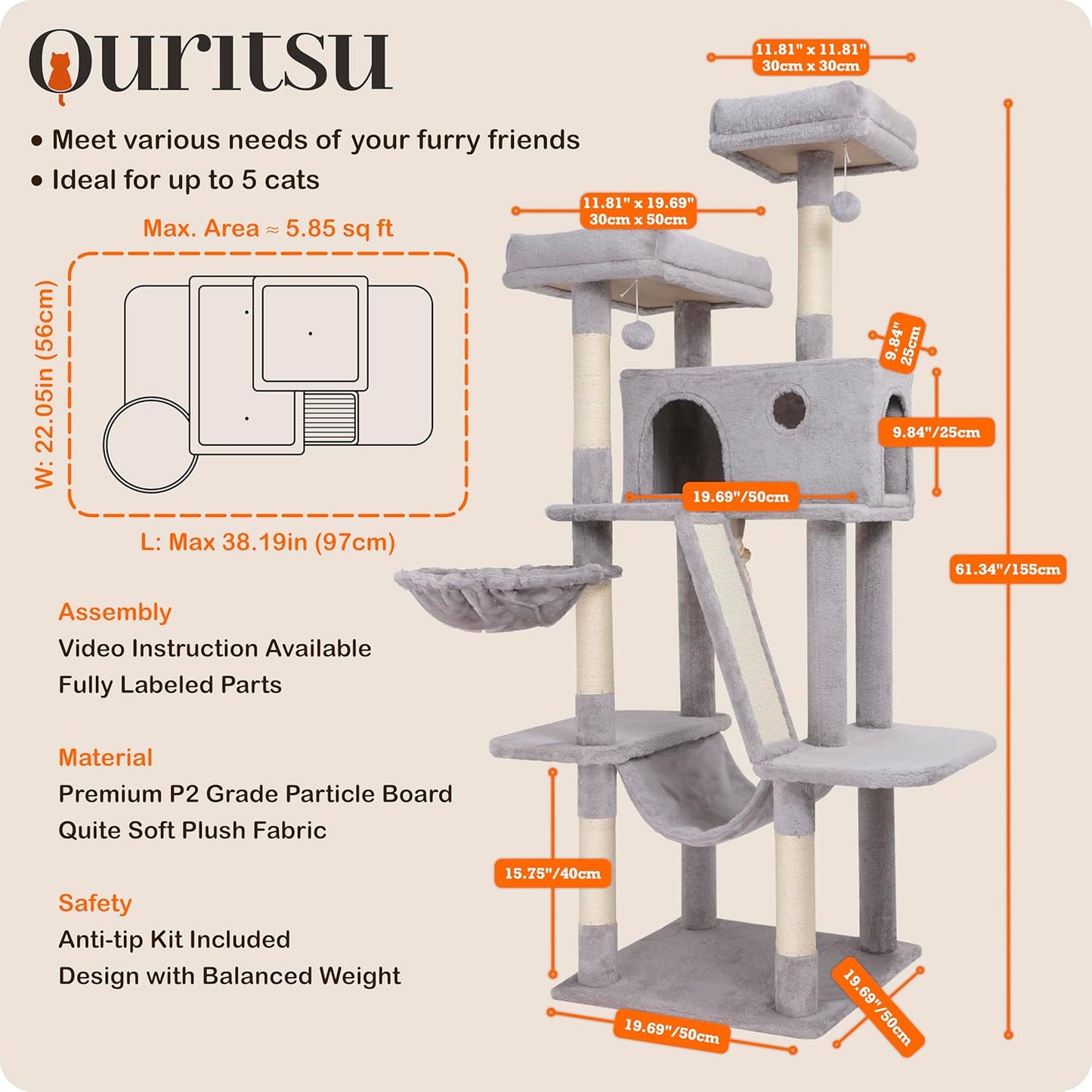 Ouritsu Cat Tree, 61 inch Tall Cat Tower for Large Cat Indoor, Enlarged Condo, 2 Padded Perches with 1 Widened, Large Hammock, Scratching Post and ramp, Fluffy Basket, Light Gray, LF002GA