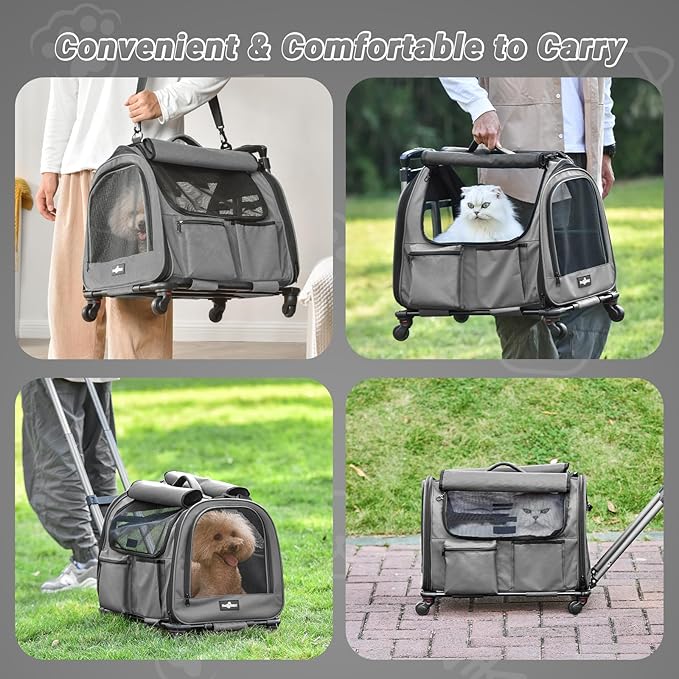 Large Pet Carrier with Wheels, Foldable Rolling Dog Carrier with Wheels and Big Pocket, Cat Rolling Bag 21"x13"x13" for 2 Cats &Dogs, for Travel, Outdoor, Vet Visits, Camping, Indoor. Gray