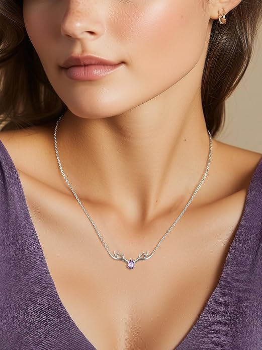 Silvora 925 Sterling Silver Deer Antler Necklace, Antler Deer Jewelry Antler Pendant Choker Birthstone Necklace Christmas Jewelry for Women