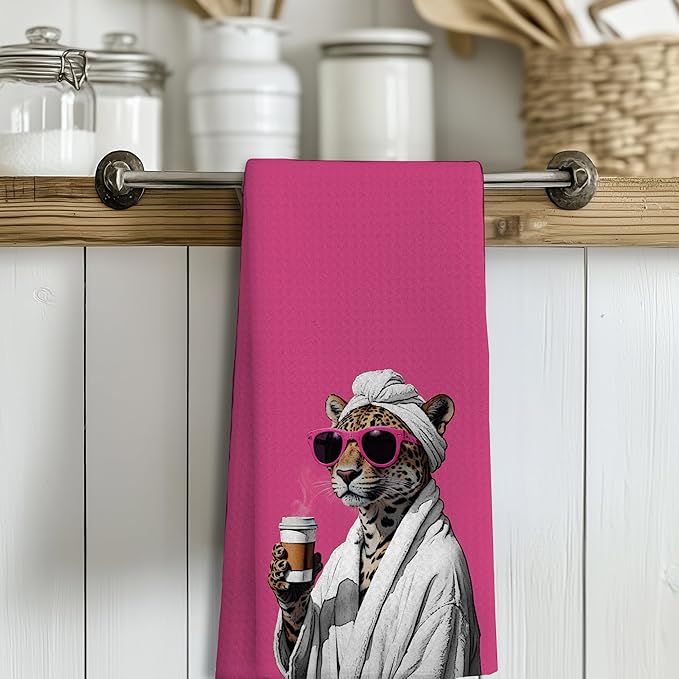 Trendy Sunglasses Leopard Hand Towels for Bathroom Decor, Leopard Drinking Coffee Kitchen Towels, Hot Pink Maximalist Cheetah Dish Tea Towels for Kitchen Decor, 16x24 Inches