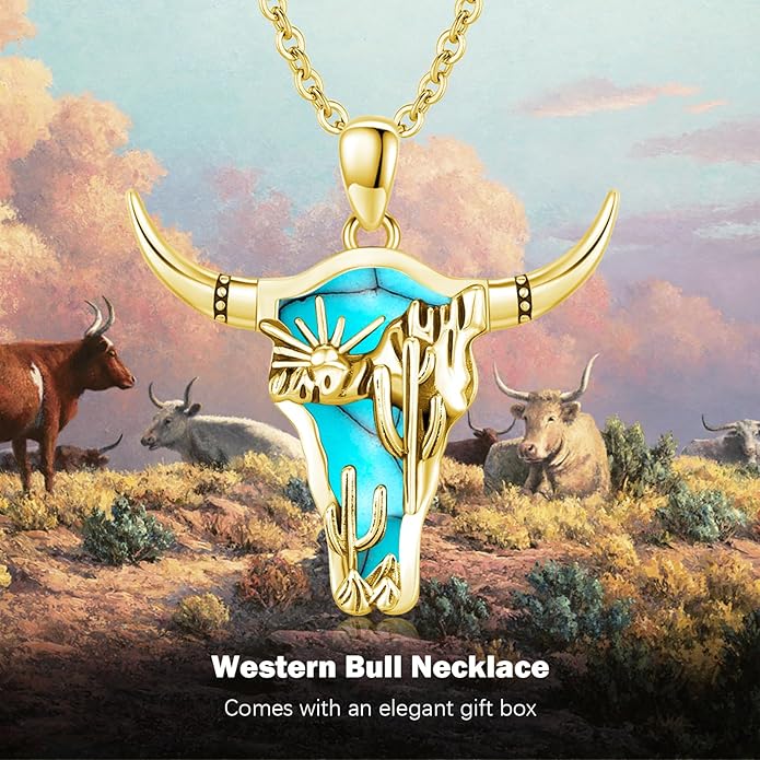 Midir&Etain Western Necklace 925 Sterling Silver Turquoise Pendant Cow Skull/Hat/Tag/Cactus Cowgirl Country Jewelry for Women Men