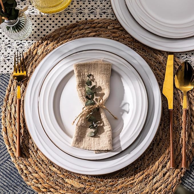 GBHOME Ceramic Dinnerware Sets, 24 pcs Embossed Elegant Stoneware Plates and Bowls Sets, Housewarming Wedding Gift | Dishwasher & Microwave Safe | Dishes Set Service for 8