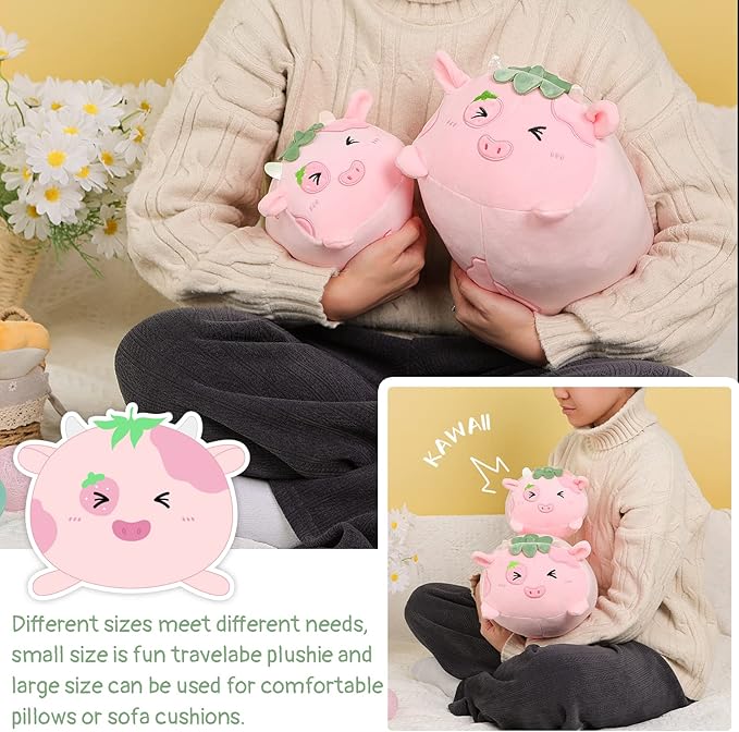 AIXINI Cute Strawberry Cow Plush Pillow 8” Cow Stuffed Animal, Soft Kawaii Plushies Hugging Plush Pillow Toy Gifts
