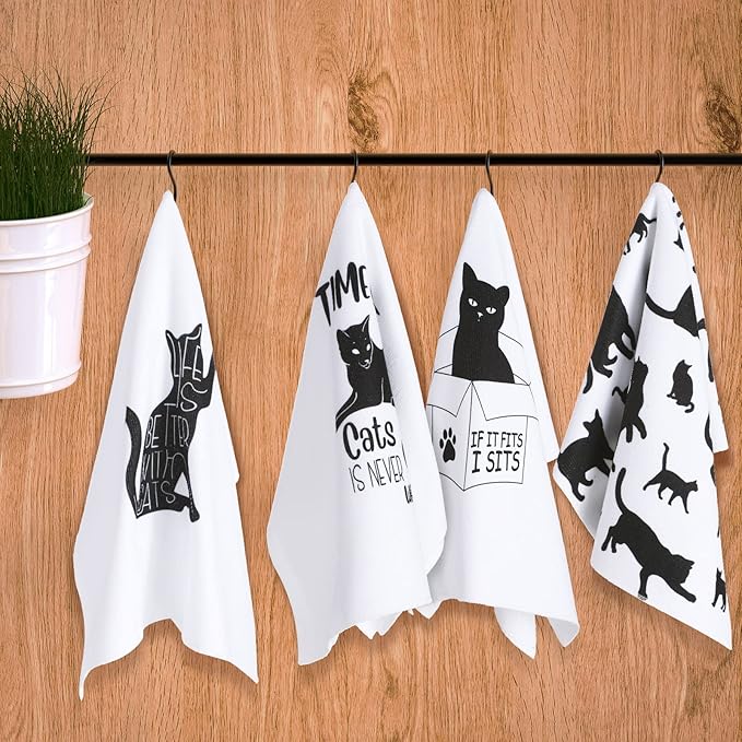 Vesici 4 Pieces Funny Cat Kitchen Towels Cute Cat Theme Dish Absorbent Kitchen Tea Farmhouse Decorative Hand Towels for Housewarming Birthday Pet Lover Fun Gift