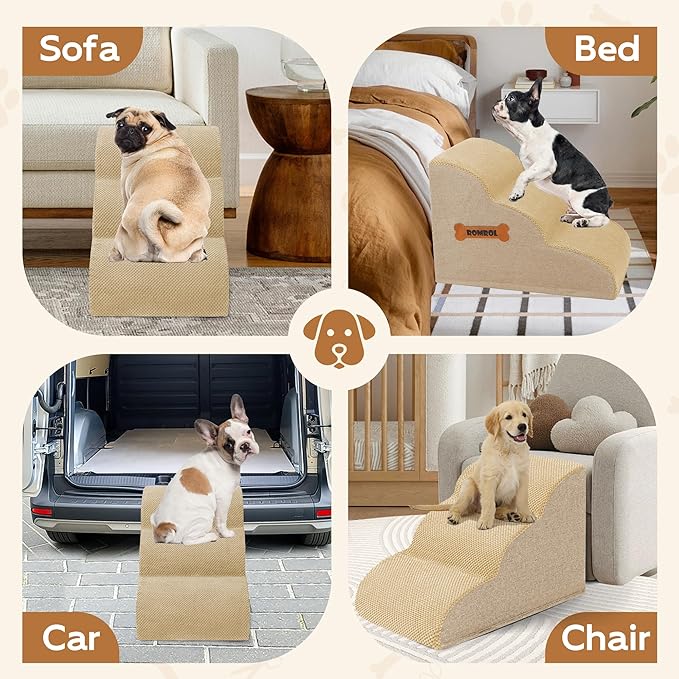 Romrol Dog Stairs Ramp for High Beds Couches, High Density Foam Pet Steps with Durable Non-Slip Waterproof Fabric Cover, Dog Stairs for Small Dogs or Cats or Pets, 3-Step,15 Inch,Beige