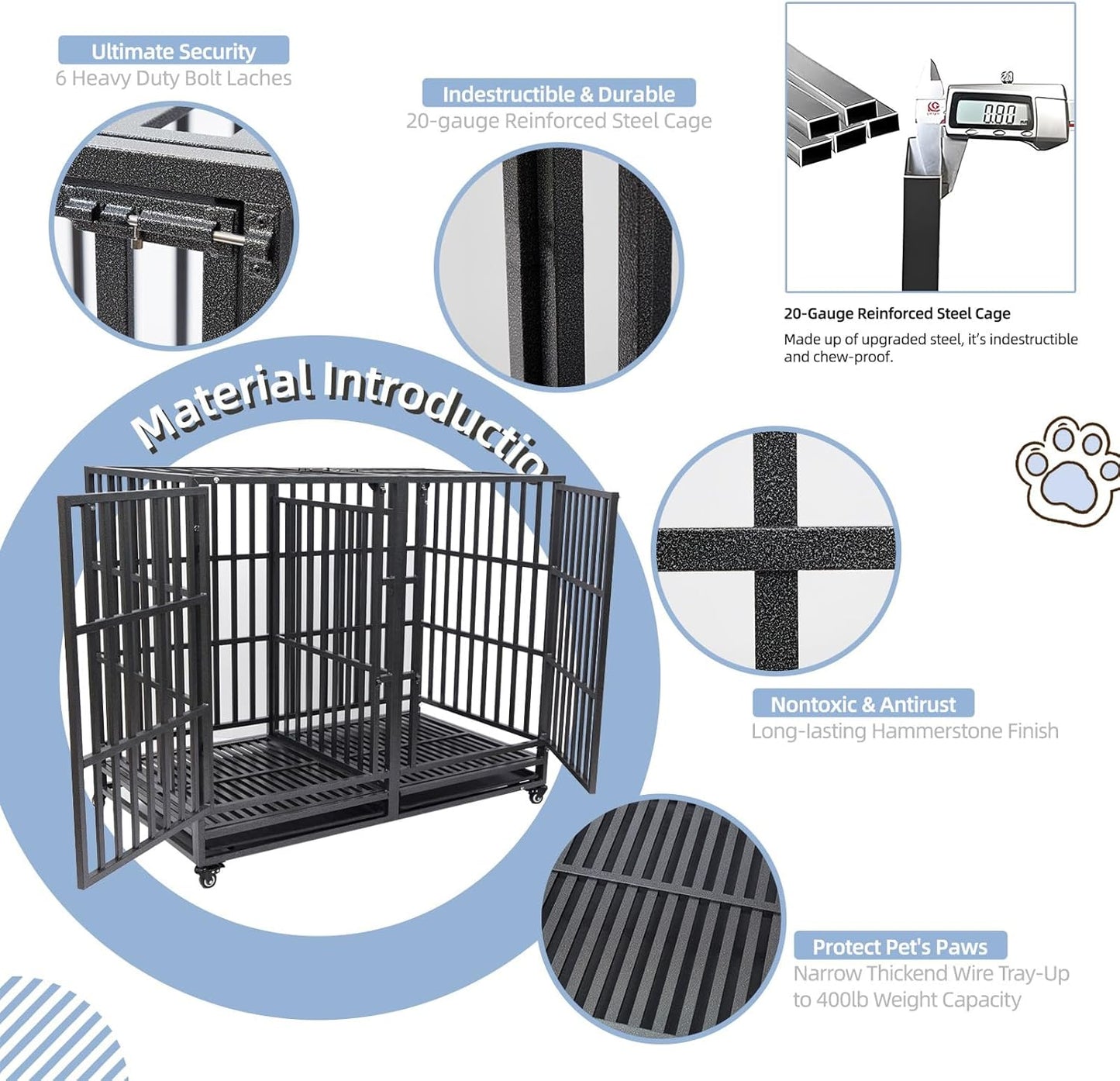 54 inch Heavy Duty Indestructible and Escape-Proof Dog Crate Cage Kennel for 1 XL or 2 Medium Dogs, Divider Panel, Removable Tray & Wheels, for High-Anxiety Dogs, Extra Large XL (Black)