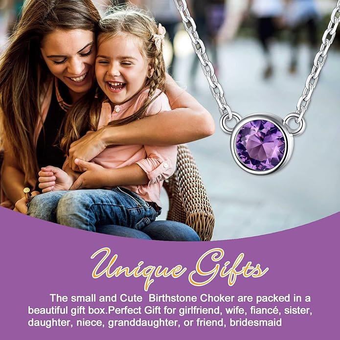 SILVERCUTE Sterling Silver Birthstone Necklace for Women,Dainty Silver Pendant Necklace with Round Cubic Zirconia,16"-18"
